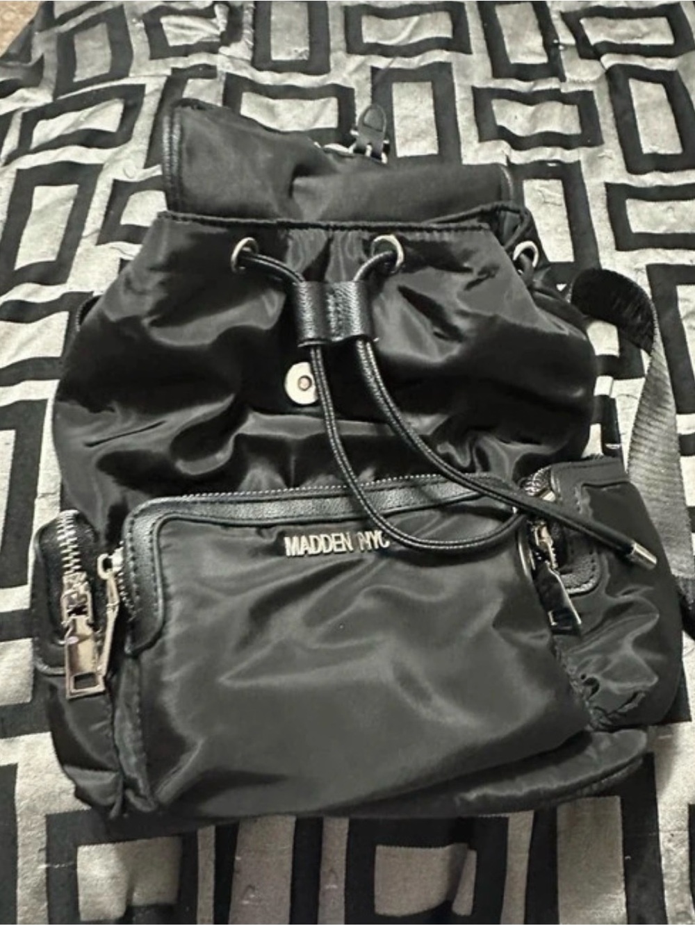 Madden NYC Black Nylon Drawstring Backpack